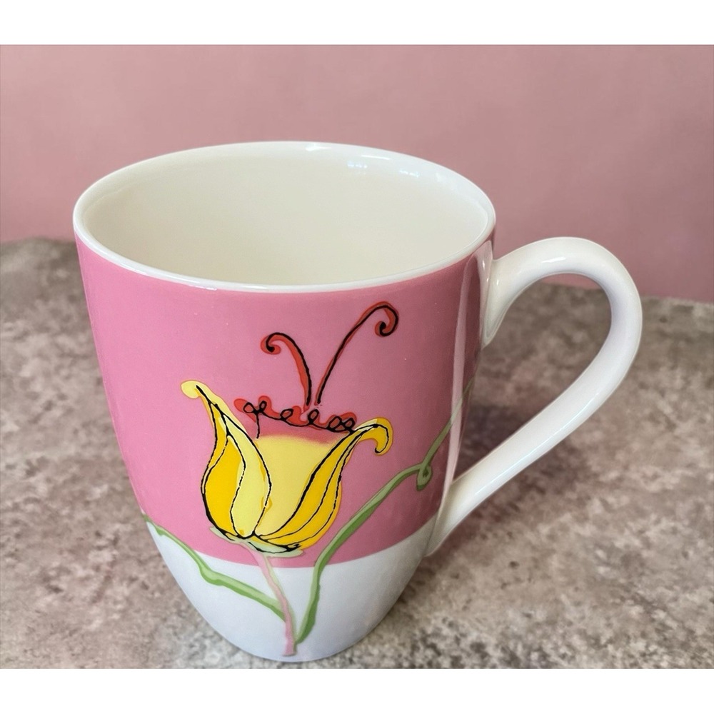 Starbucks Mug 2006 Spring Tulip Floral Flower Green White Pink 14 oz Cup Vintage
